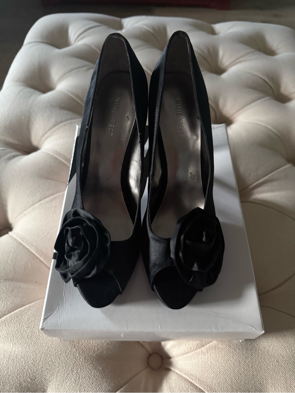 Nine West Black Satin Peep-Toe Heels with Floral Rosette